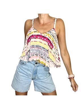 Angie blush pink grey yellow chiffon geometric print cropped tank top cami L